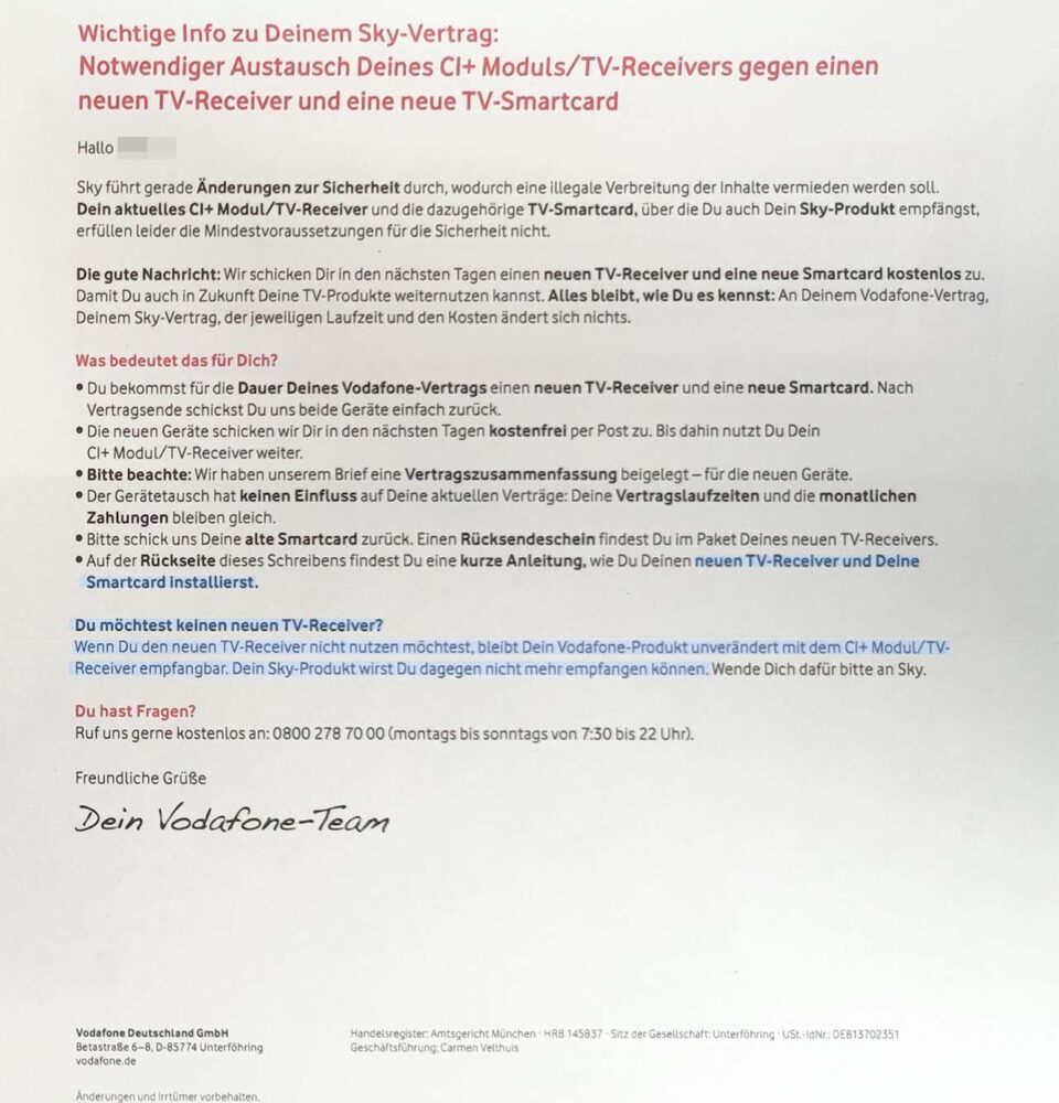 Ein Schreiben von Vodafone informiert Sky-Kunden im Kabel, dass sie CI+ und alte Smartcard nicht mehr nutzen können