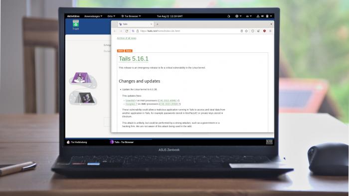 Tails 5.16.1-Desktop auf Notebook auf Tisch