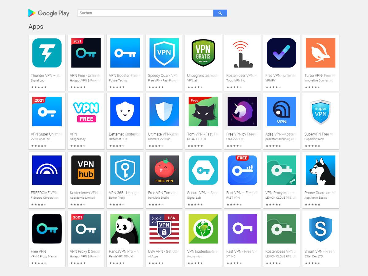 Free VPN Apps im Google Play Store