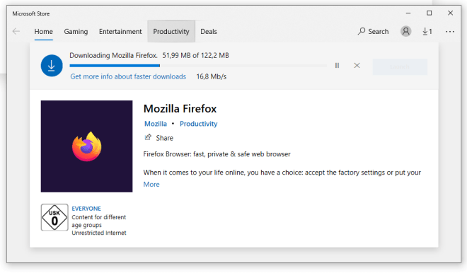 Mozilla Firefox im Microsoft Store