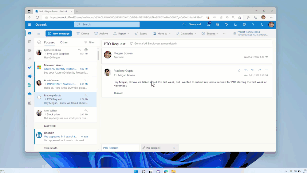thumbnail image 9 captioned An animated image demonstrating how to access and use Microsoft Teams chat with multiple people in Outlook on the web.